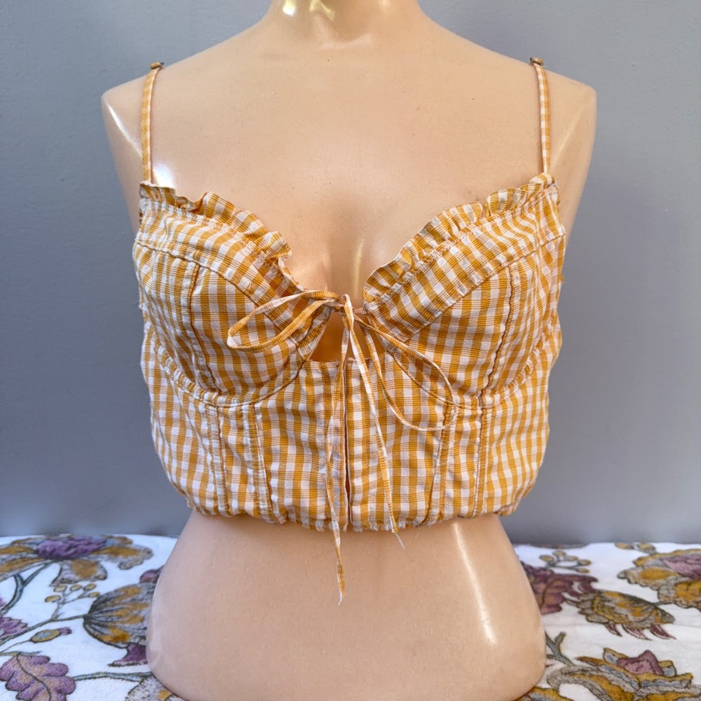 Out From Under Top Coquette Yellow Gingham Plaid Ruffle Bustier Crop Cami Corset